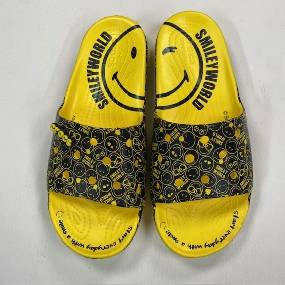 Crocs Classic SmileyWorld Slides Yellow Black Mens 13 Smiley Face Sandals